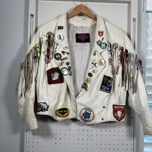 Vintage 1980s Verducci Leather Fringe Jacket Women Sz 14 Med Buttons Patches Nam